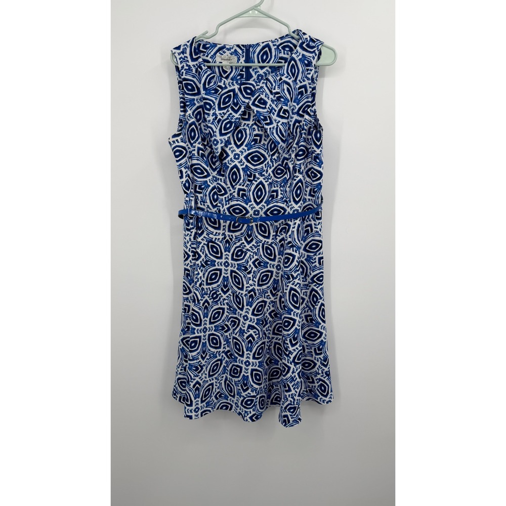 Dressbarn Womens Size 16 Blue White Geometric Sleeveless Belted‎ A-Line Dress